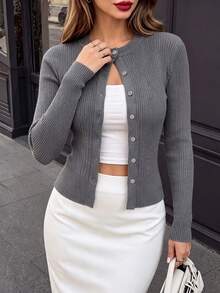 DONICY Cardigan Rajut Pendek Wanita Warna Abu-abu Muda dengan Kerah Bulat dan Kancing Tunggal, Lengan Panjang Ramping, Jaket Sweater Lapisan Dasar untuk Pemakaian Sehari-hari di Musim Semi dan Gugur - Grey - View 9