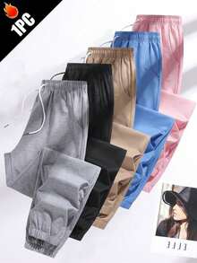 Celana Panjang Wanita Ukuran Besar Musim Gugur/Musim Semi Warna Polos Celana Olahraga Kasual Jogger Pinggang Elastis Tali Serut dengan Kantong Resleting Yoga Lari Olahraga - Light Grey - View 3