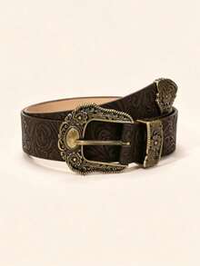 1pc Women's Vintage Embossed Western Buckle Denim Belt For Music Festival Outfit Decoration - Brown - View 6