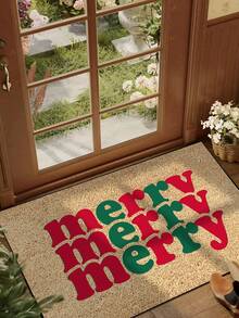 1pc, Winter Christmas Funny Red & Green Lettering Greeting Pattern Doormat, Holiday Style Machine Washable Polyester Fiber Mat, Suitable For Indoor, Party, Daily Decor, All Season Use - Red - View 1