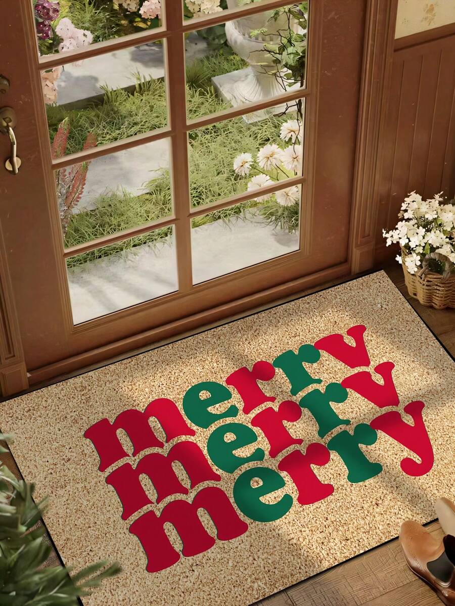 1pc, Winter Christmas Funny Red & Green Lettering Greeting Pattern Doormat, Holiday Style Machine Washable Polyester Fiber Mat, Suitable For Indoor, Party, Daily Decor, All Season Use - Red - View 1
