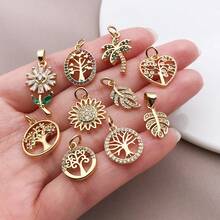 1pc 18K Gold Plated Plant Charms Cubic Zirconia Life Tree Sunflower Palm Leaf Daisy Pendants For DIY Necklace Jewelry Making Crafts - Gold - View 3