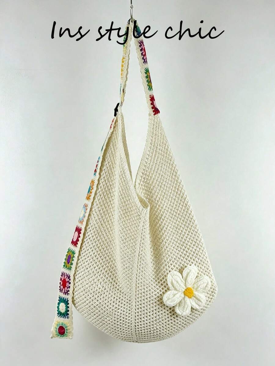 Crochet Floral Decor Colorful Square Crochet Strap Knit Shoulder Bag Open Closure Spacious Convenient Access Suitable For Travel Vacation Outing Commute Shopping - Beige - View 1