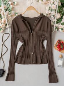 Korean Style Casual Hooded Zip-Up Knit Sweater, Slim Fit Flattering Textured Long Sleeve Top, Versatile Outerwear, Can Be Worn Alone Fall - Brown - View 10