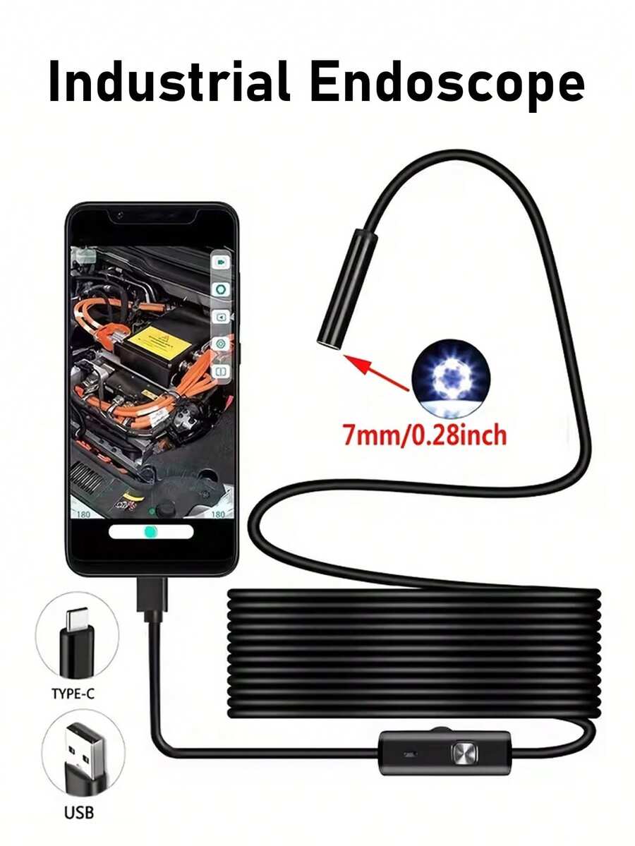5M Android Endoscope Camera With 6 LED Lights,7mm Lens USB-Powered Soft Cable,For Smartphones/ Computer Lets, OTG Required - Adjustable Height For Home, HVAC, Plumbing, Automotive Inspection Heavy-Duty Industrial Endoscope Camera, Endoscope For Phone