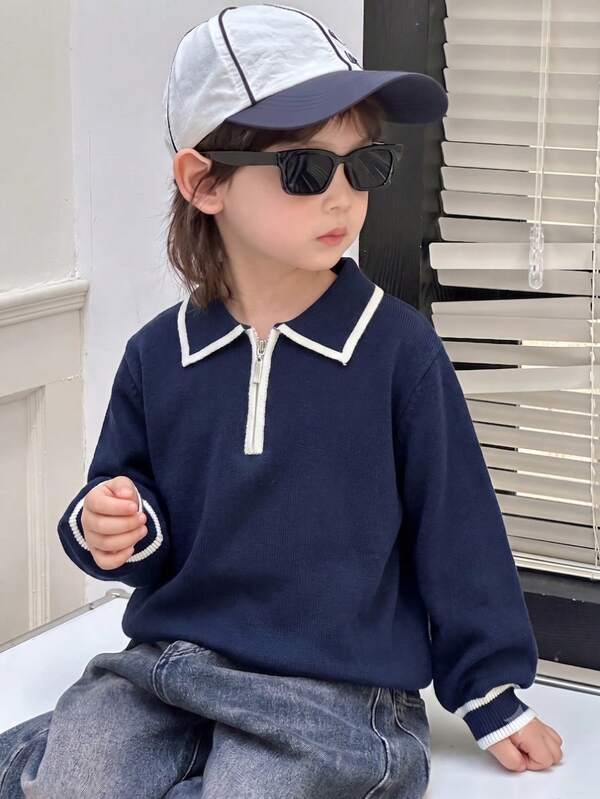 Young Boys' Preppy Striped Half-Zip Lapel Collar Knit Sweater Pullover, Suitable For School, Spring, Autumn, Winter