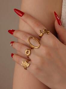 GEREIT 4pcs Summer Fashion 18K Gold Plated Stainless Steel Asymmetrical Hollow Open Gold Rings Set, Suitable For Women's Daily Wear And Dating - Gold - View 5