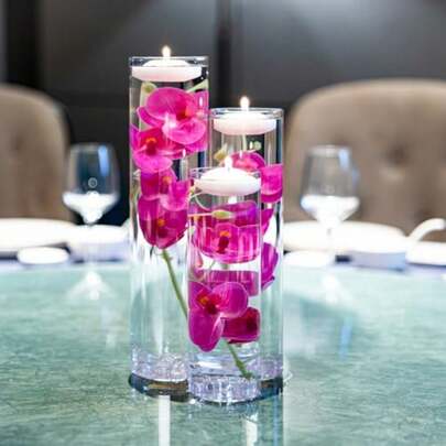 Floating Flower For Table Centerpiece Artificial Light Orchid Glass Cylinder Vase Set With Floating Candles Fake Ice Cubes For Wedding Party Home Bar Restaurant Festival Decoration