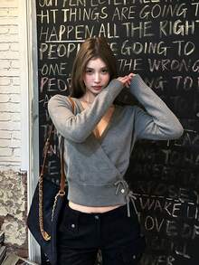 Women's Minimalist Sexy Loose Slouchy Grey Cross V-Neck Knit Cardigan Sweater Jacket, Unique Beautiful Knit Top For Autumn/Winter Fall - Grey - View 4