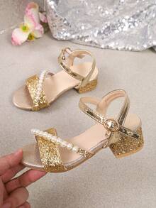 A Pair Of Children's Party Dress Sandals With Gold Sequins, Elegant High‑Heel Sandals With Pearl Straps, Suitable For Various Festive Occasions - Gold - View 2
