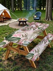 3 Pieces Picnic Tablecloth Set With Bench Cover, Elastic Edge Design, Leaf And Colorful Floral Pattern, Washable Rectangular Tablecloth, Suitable For Weddings, Camping, Picnics, Garden Parties And More, Practical Essential - A - View 1