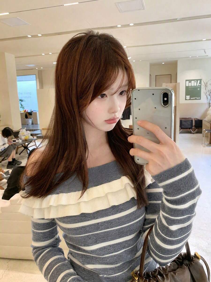 Women's Contrast Color Striped Off-Shoulder Ruffle Long Sleeve Knit Sweater, Slim Fit Flattering Pullover, Versatile For Autumn/Winter - Grey - View 1