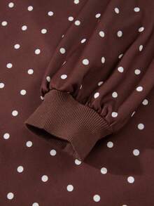 Acelitt Polka Dot Snap Button Collar Raglan Lantern Sleeve Cropped Sweatshirt - Brown - View 9