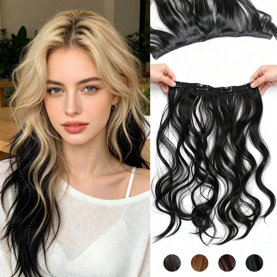 1-Piece Ultra-Lightweight Large Wave Hair Extension | 4 Clips Secure Invisible | Long Layered Curly Hair Volume Booster | Women's Daily Party Voluminous Natural Styling (Seamless Breathable)