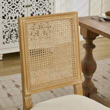 French Farmhouse Dining Chairs Set Of 2, Distressed Solid Wood Frame, Square Woven Rattan Back, Breathable Linen Upholstered Chair, Cushion With Foam & Steel S Spring, Vintage Side Chairs,DE1779BG - Beige - View 11