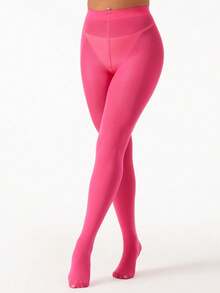 1件女款120D彩色不透明尼龍混紡彈性修身緊身褲，適合日常、派對、辦公室 - 粉色 - 查看 7