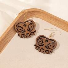 Women's Personalized Initial Wooden Earrings, Hollow Heart Daisy Flower Pattern 26 Letter Dangle Earrings - Brown - View 28