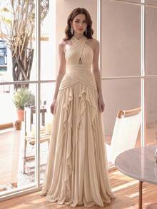 Women's Elegant Sexy Multi-Layer Ruffle Patchwork Design Fashionable Flared Slimming Luxury Dress Solid Color Sexy Party Wedding Fall - Apricot - View 2