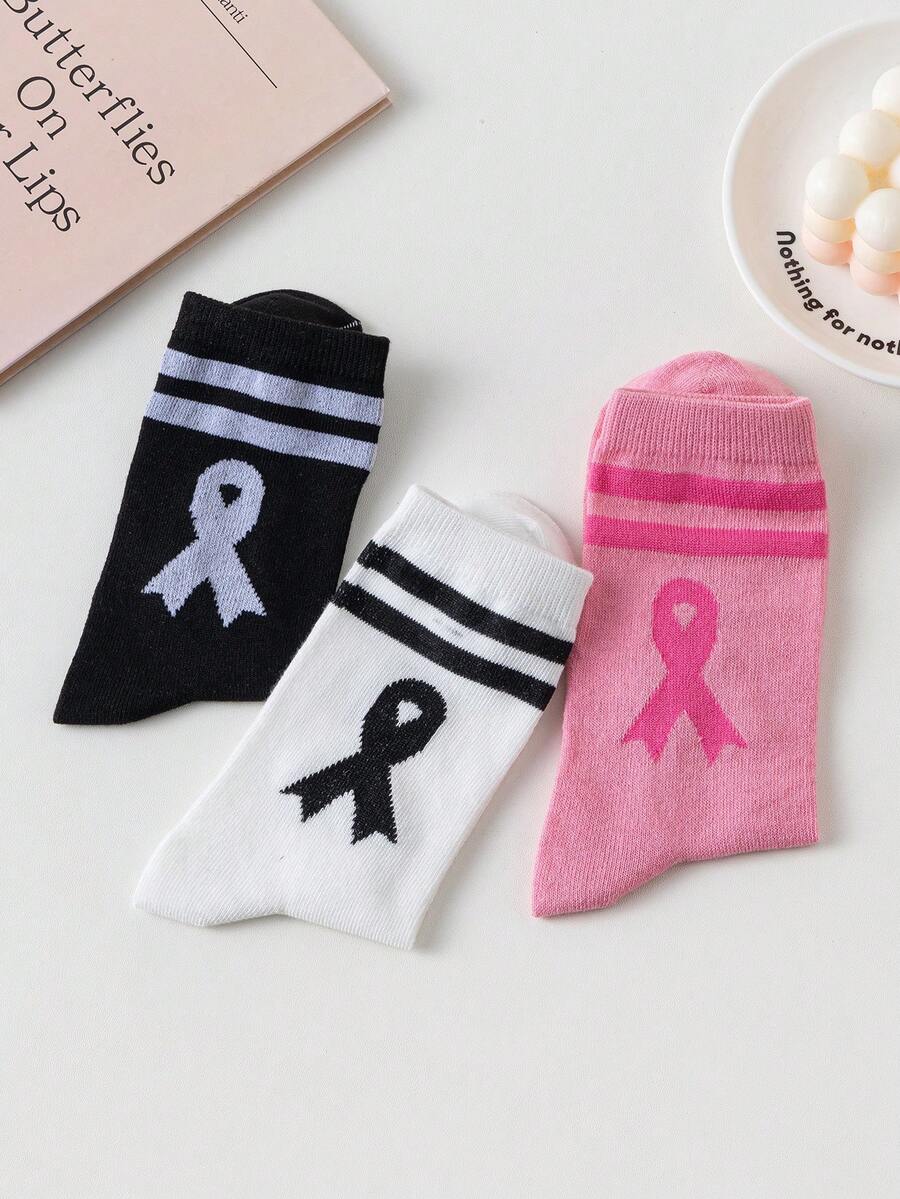 3/6/9 Pasang Kaos Kaki Wanita Model Preppy Bergaris dengan Pita, Panjang Setengah Betis, Lembut & Nyaman untuk Perjalanan Sehari-hari - MultiWarna - View 1