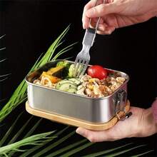 Stainless Steel Lunch Box With Bamboo Lid And Straight Buckle Design; Large Capacity Partitioned Lunch Box; Leak-Proof Structure; Suitable For Office Workers, Students, Outdoor Picnics, Travel, Office Dining, And Daily Use; Practical Item. - Silver - View 2