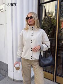 1pc Women's Gentle Solid Color Stand Collar Short Jacket With Plaid Cuff Design, Suitable For Commuting, Shopping, Dating And Short Trips - Off-white - View 3