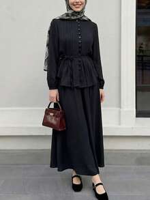 Women's Elegant Pleated Front Button Ruffle Blouse + Long Skirt 2 Pieces Set, Elastic Cuffs Casual Daily Outfit - Black - View 6