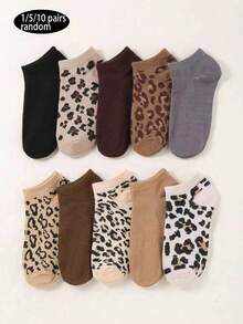 1/5/10 Pairs Women's Leopard Print Low-Cut Boat Socks, Retro American Style, Soft & Breathable, Spring/Summer Casual, Comfortable, Christmas Gift - Multicolor - View 5