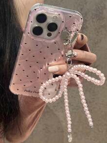 Korean Laser Heart Bow Pendant Pink Glitter Water Ripple Phone Case, Compatible With 17/16 Pro Max/15 Pro/14/13, Summer Anti-Fall Protective Cover, Sweet Girly Style - Pink - View 1