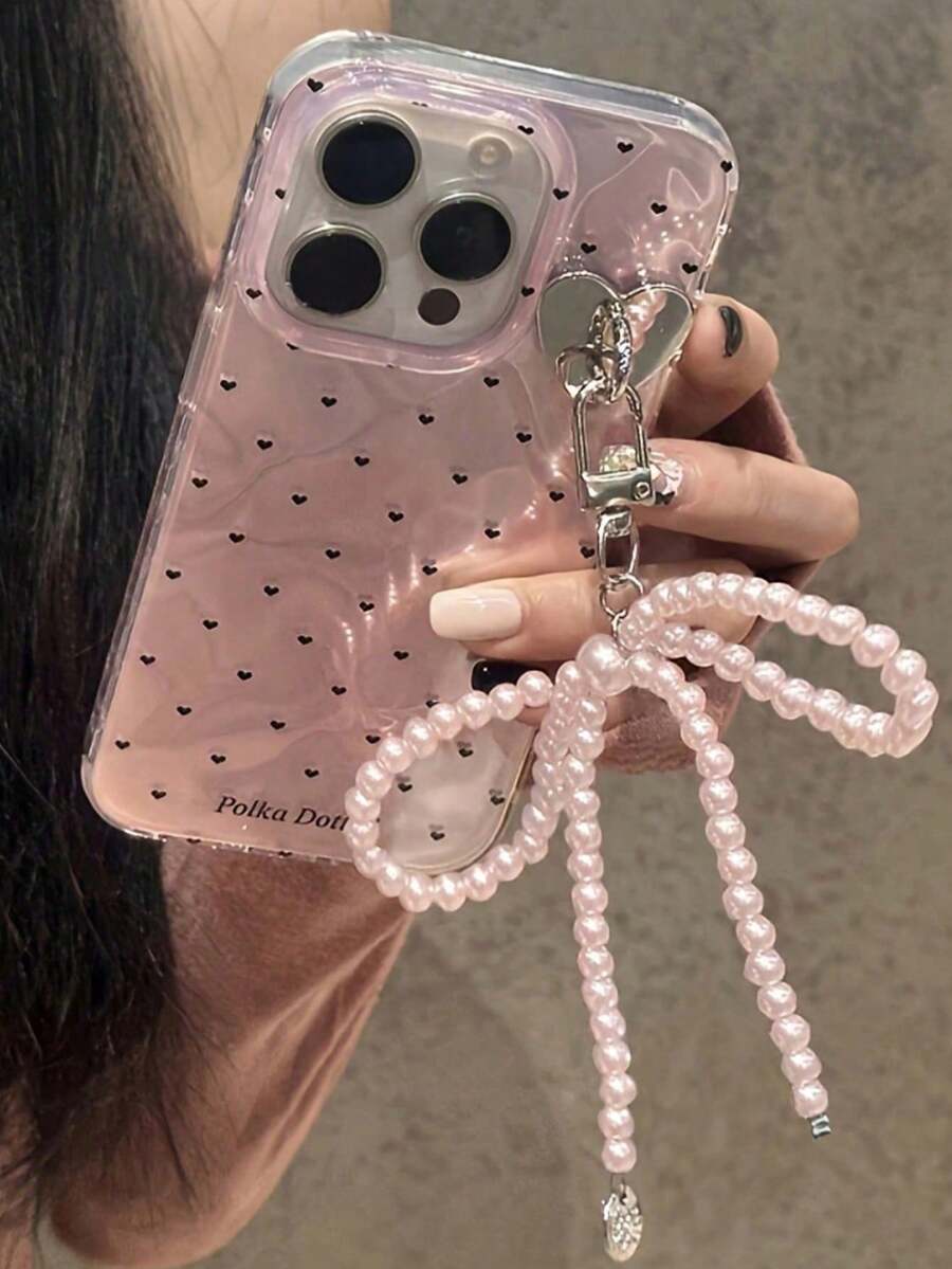 Korean Laser Heart Bow Pendant Pink Glitter Water Ripple Phone Case, Compatible With 17/16 Pro Max/15 Pro/14/13, Summer Anti-Fall Protective Cover, Sweet Girly Style - Pink - View 1
