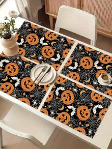 1pc Halloween Pattern Table Runner, 4pcs Halloween Pattern Placemats, Suitable For Holiday, Party, Birthday, Dinner, Kitchen Dining Table Decoration, All Season Room Decor, Home Textile Decoration Table Runner - Multicolor - View 11