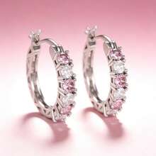 1Pair Sweet Pink Crystal Huggie Hoop Earrings For Women, Sparkling Alternating CZ Round Hoop Earrings, Korean Style Romantic Birthday Jewelry Gift - Hoop Earrings - View 1