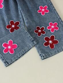 2pcs Girls Pastoral Mori Style Big Bow Decor Ruffle Hem Jacquard Top & Floral Embroidery Straight Leg Denim Jeans Versatile Casual Outfit Spring Autumn - Red - View 10