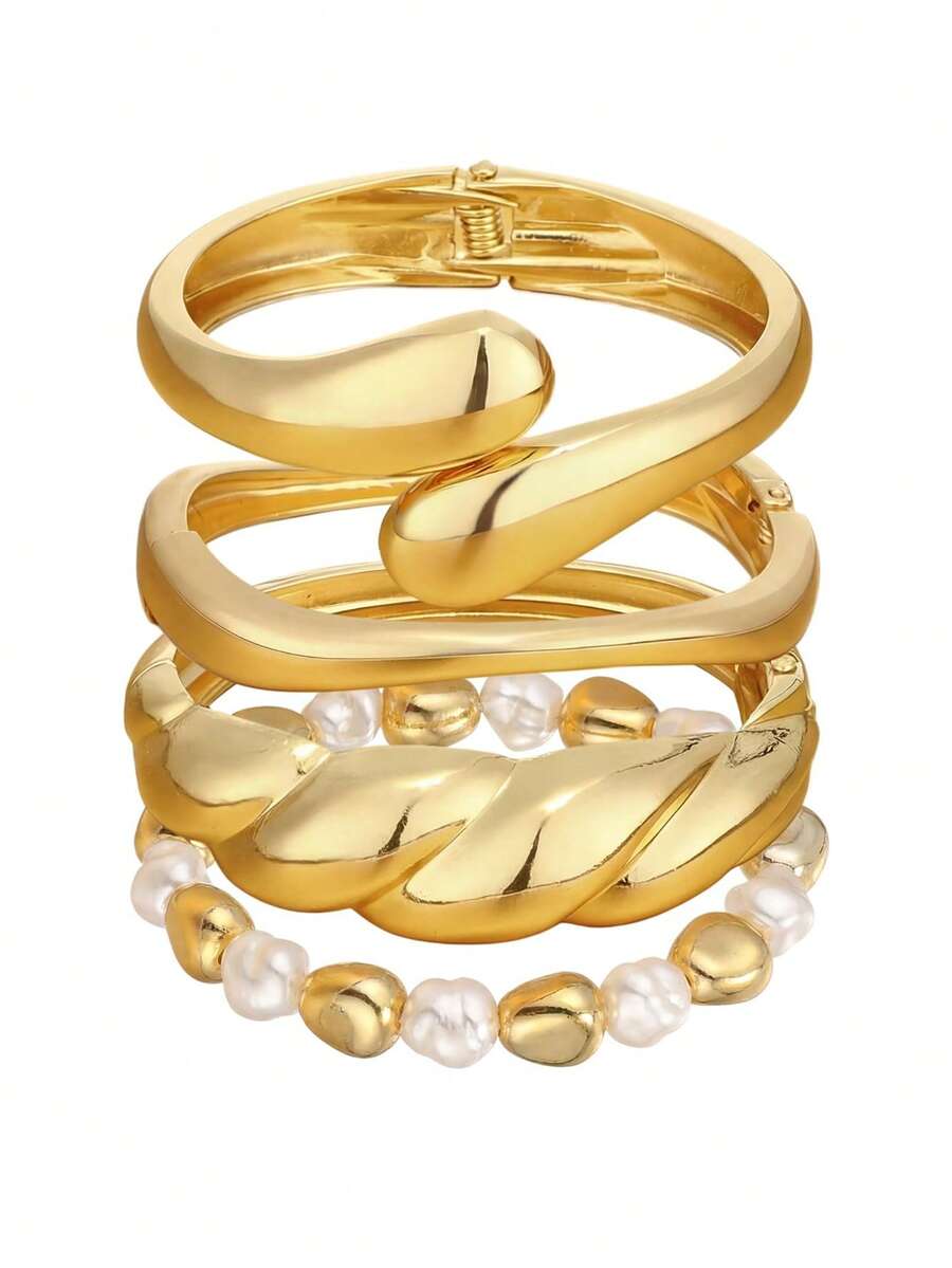 Yanxyad Set Gelang Emas Tebal Wanita, Gelang Manset Pergelangan Tangan Lebar Berlapis Emas 14k, Gelang Tumpuk yang Menarik untuk Pemakaian Sehari-hari dan Hadiah Perhiasan - Emas - View 1