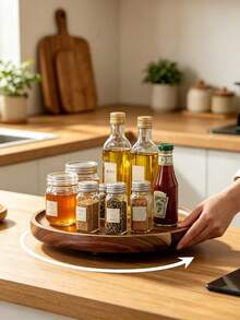 1PC Round Rotatable Acacia Wood Tray, 360‑Degree Rotatable Wooden Tray,Kitchen Spice Rack, Trays, Kitchen Accessories, Wooden Trays,Kitchen Storage, Kitchen Decoration, Rotating Tray,Round Multi‑Functional Tray,Kitchen Halloween Christmas Storage - Yellow - View 2