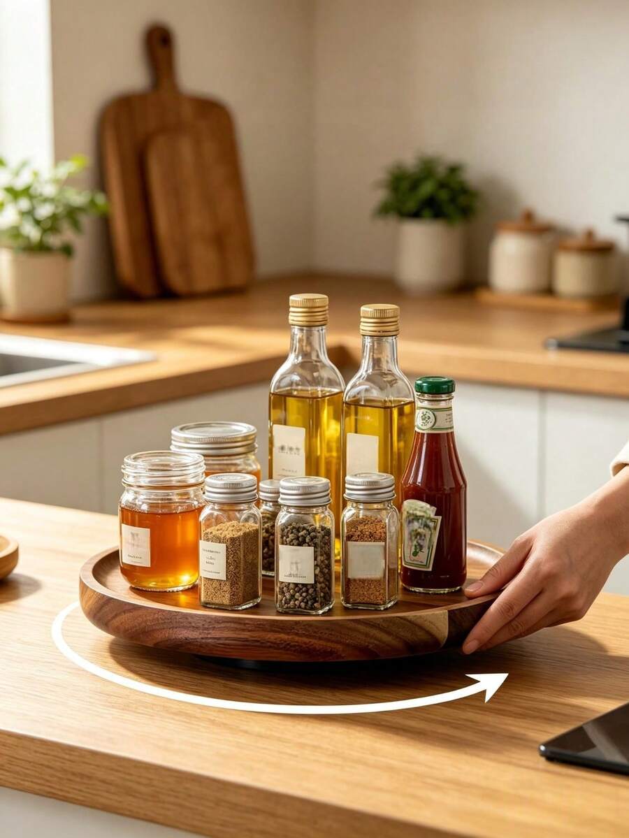 1PC Round Rotatable Acacia Wood Tray, 360‑Degree Rotatable Wooden Tray,Kitchen Spice Rack, Trays, Kitchen Accessories, Wooden Trays,Kitchen Storage, Kitchen Decoration, Rotating Tray,Round Multi‑Functional Tray,Kitchen Halloween Christmas Storage