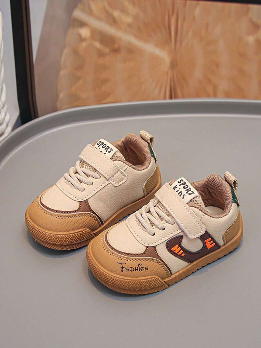 Boys' Beige, Apricot & Brown Colorblock Litchi Textured PU Leather Anti-Slip Wide Round Toe Hook & Loop Retro Skate Shoes, Versatile, Dirt-Resistant & Breathable For Kindergarten Spring/Autumn - Brown - View 1