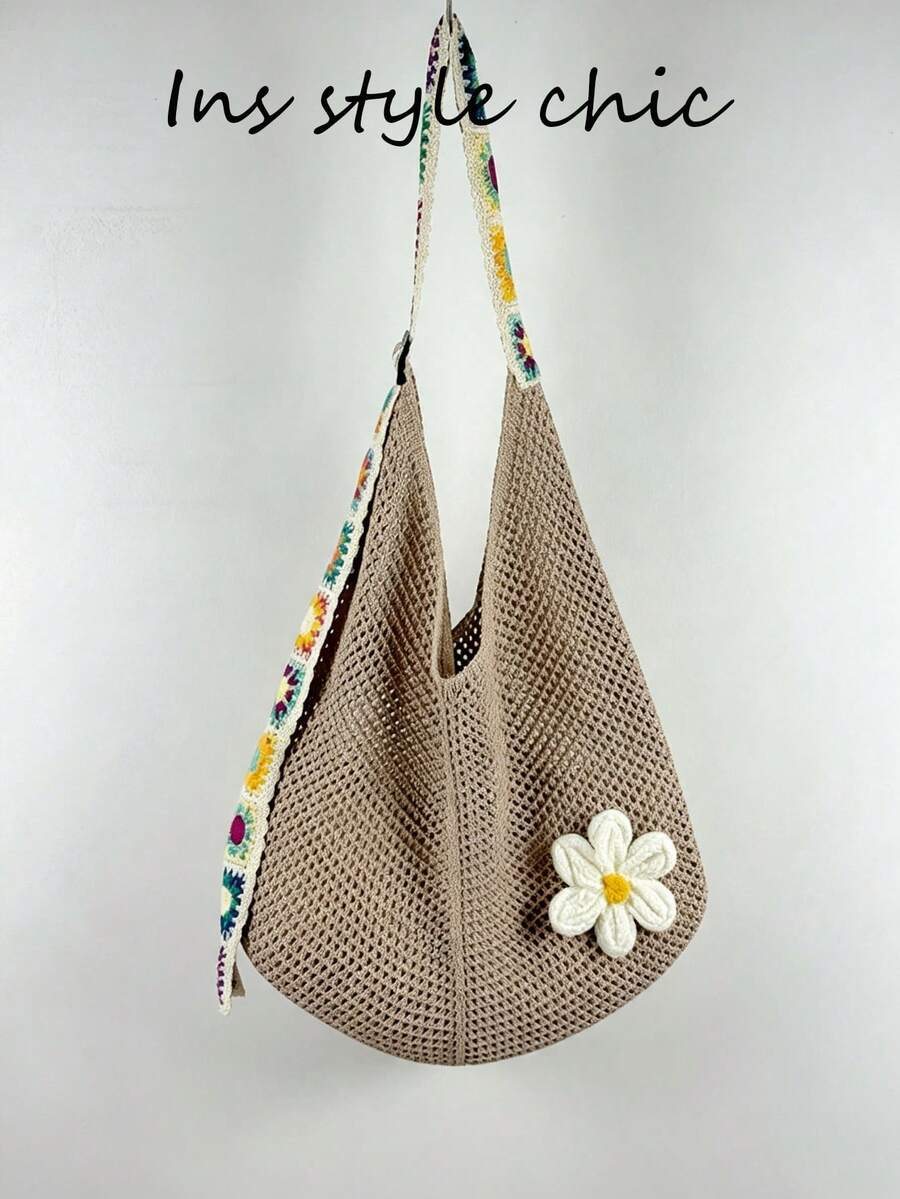 Crochet Flower Decor Colorful Square Crochet Strap Knit Shoulder Bag Open Closure Spacious Convenient Access Suitable For Travel Vacation Outing Commute Shopping - Light Khaki - View 1