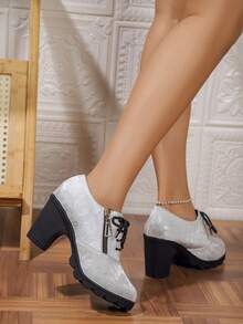 Women's White Rose Embossed Chunky Heel Pumps With Side Zipper And Lace-Up Design, All Season - White - View 6