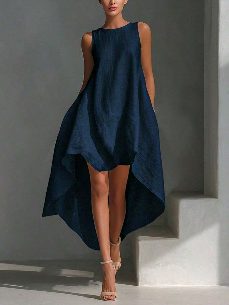 Casual Midi Dress For Women Sleeveless Crew Neck Loose A Line Irregular Hem Dress Summer Dresses For Women Vacation Outfit - 藏青色2 - 查看 1