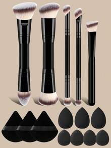 15pcs/12pcs/7pcs/5pcs Makeup Brush Set, 5pcs Makeup Brushes, Basic Flat And Round Head Makeup Brushes, Suitable For Liquid Foundation, Loose Powder, Blush, Eyeshadow, Including 3 Mini Sponges, 3 Triangle Velvet Powder Puffs, 4 Mini Finger Cushion Powder Puffs, Easily Create Flawless And Adherent Makeup Look, Suitable For Travel, Party, Touch-Up, Gift, Personal Use And Other Occasions, Professional And Practical Makeup Brushes, Complete Makeup Tool Set - Black - View 11
