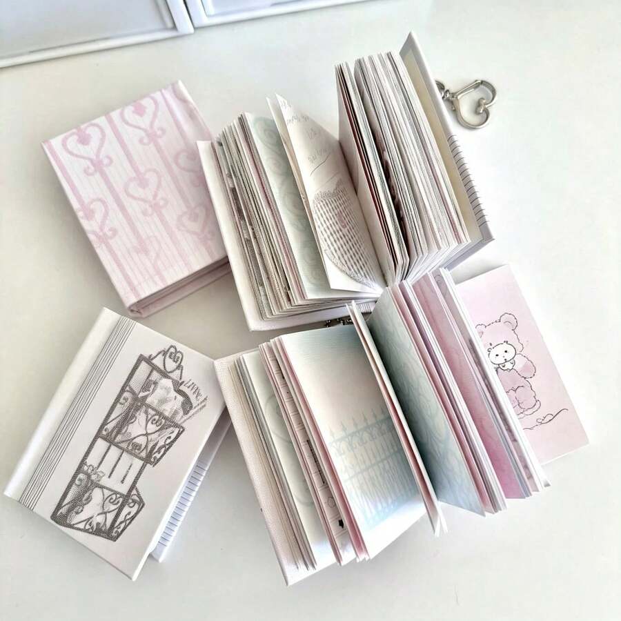 256 Pages Aesthetic Pink Tone Mini Flip Bean Book, Vintage Text Pattern Scrapbook Collage Material Paper For Journal DIY Handcraft Decoration - A - View 1