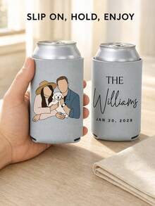 Personalized Can Cooler Sleeves, Custom Photo And Text Drink Holder With Portrait, Custom Name And Date Beverage Can Sleeve, Wedding Party Favor For Couples And Pet Families - Multicolor - View 4