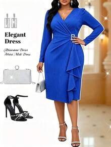 Plus Size Women's Elegant V-Neck Pleated Long Sleeve Midi Dress, Rhinestone Square Buckle Decor, Fitted Ruffle Hem, Suitable For Party, Banquet, Gathering, Evening Dress - Blue - View 1