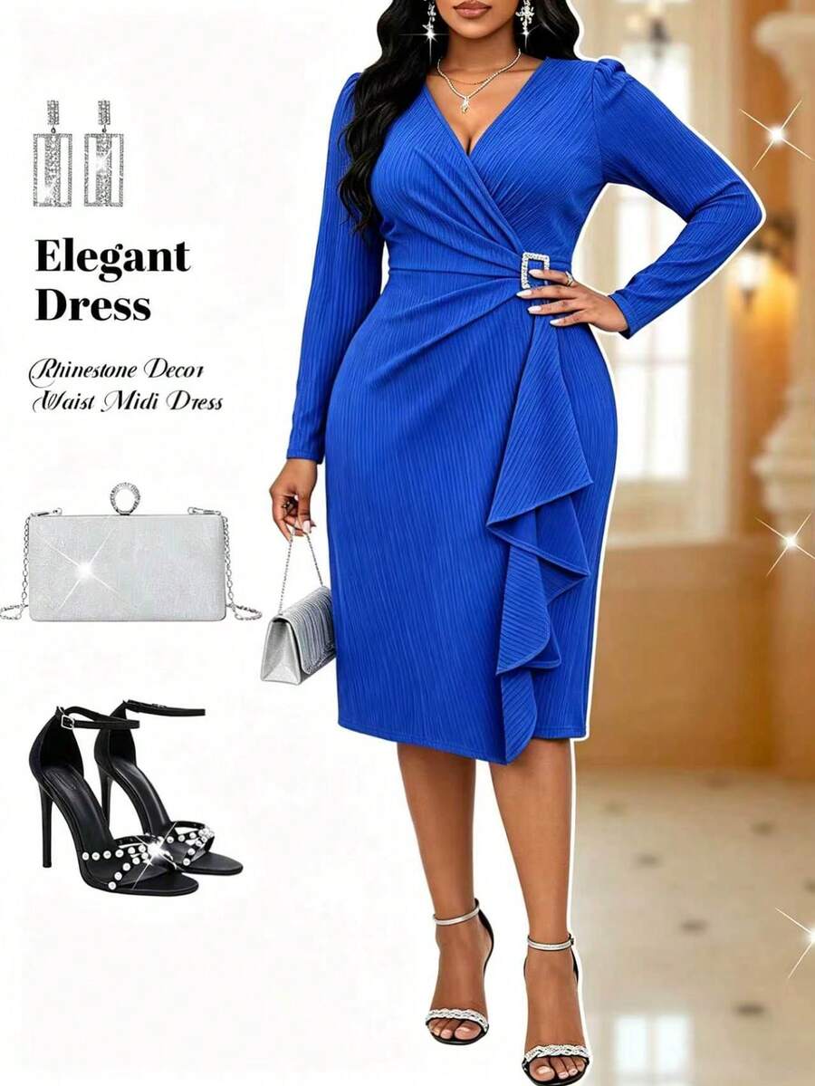 Plus Size Women's Elegant V-Neck Pleated Long Sleeve Midi Dress, Rhinestone Square Buckle Decor, Fitted Ruffle Hem, Suitable For Party, Banquet, Gathering, Evening Dress - Blue - View 1
