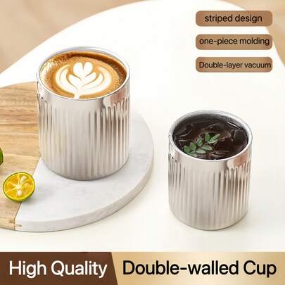 304 Stainless Steel Striped Cup, Insulated Water Cup, Double-Wall Vacuum Anti-Scald, Stainless Steel Direct Drinking Cup, Coffee Cup, 304 Stainless Steel, Durable And Easy To Clean