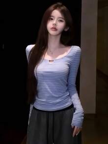 Vintage Striped Fitted Round Neck Hollow Design Base Layer Top, Suitable For Early Autumn - Blue and White - View 8