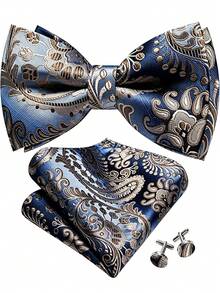 Paisley Striped Bow Tie For Men Silk Pre-Tied Bowtie Pocket Square Cufflinks Set Formal Wedding Party Prom - Multicolor - View 1