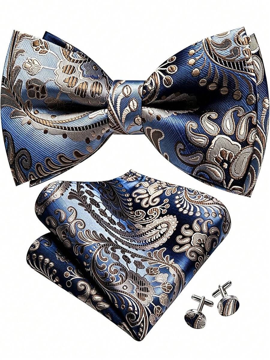 Paisley Striped Bow Tie For Men Silk Pre-Tied Bowtie Pocket Square Cufflinks Set Formal Wedding Party Prom - Multicolor - View 1
