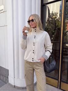 1pc Women's Gentle Solid Color Stand Collar Short Jacket With Plaid Cuff Design, Suitable For Commuting, Shopping, Dating And Short Trips - Off-white - View 4