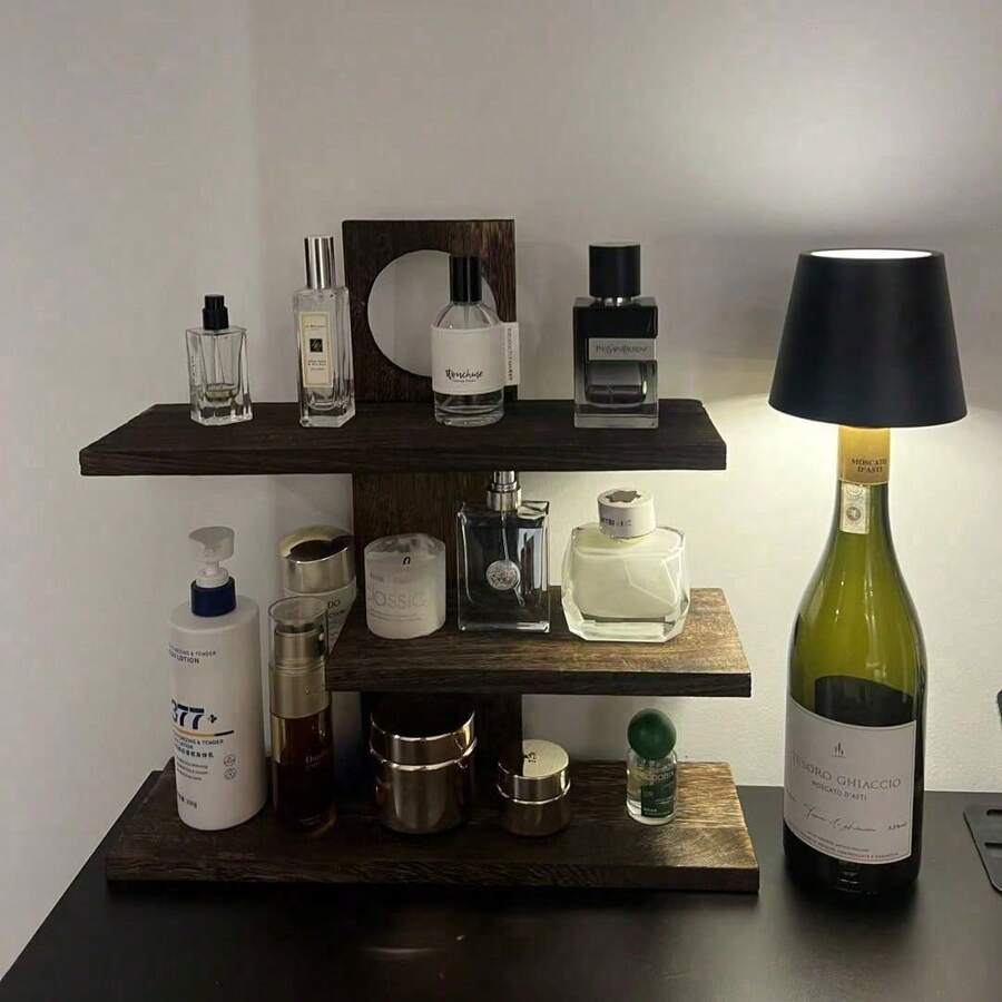 1pc Vintage Wooden Desktop Perfume Storage Rack, Solid Wood Cosmetic Organizer, Multi-Layer Display Shelf - Brown - View 1